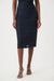 Woman wearing a dark blue textured midi pencil skirt with pull on high waist from Joseph Ribkoff