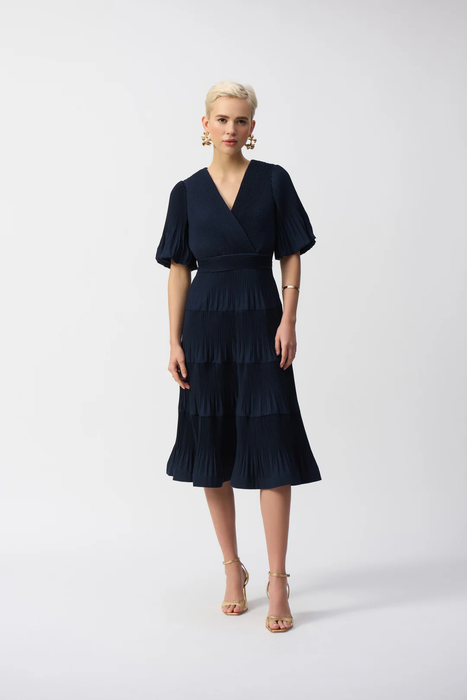 Joseph Ribkoff 251905 Midnight Blue V-Neck Pleated Faux Wrap Midi Dress