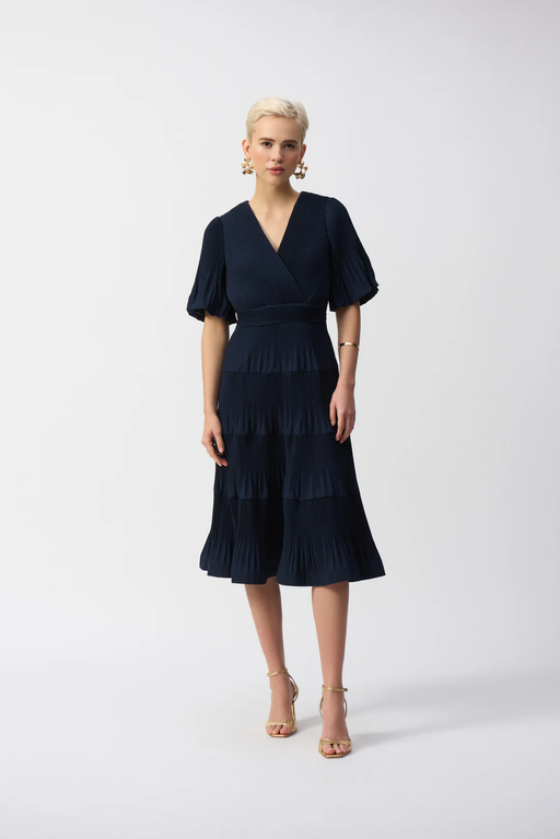 Joseph Ribkoff 251905 Midnight Blue V-Neck Pleated Faux Wrap Midi Dress