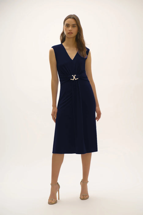 Joseph Ribkoff Style 252717 Midnight Blue V-Neck Ruched Sleeveless A-Line Dress