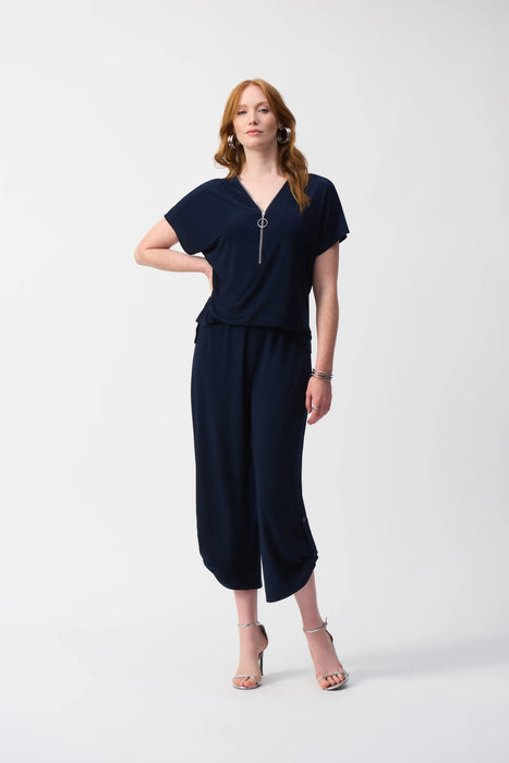 Joseph Ribkoff Style 251044 Midnight Blue V-Neck Zip Front Cropped Jumpsuit