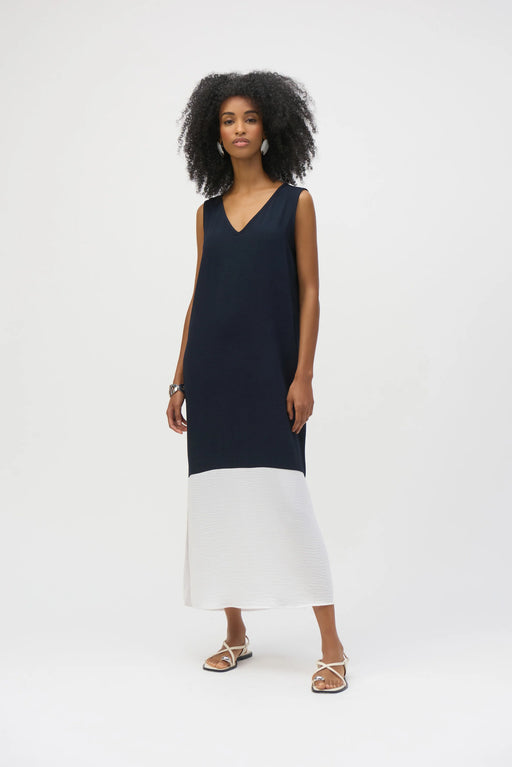 Joseph Ribkoff Style 252030 Midnight Blue/Vanilla Color Block V-Neck Sleeveless Maxi Dress