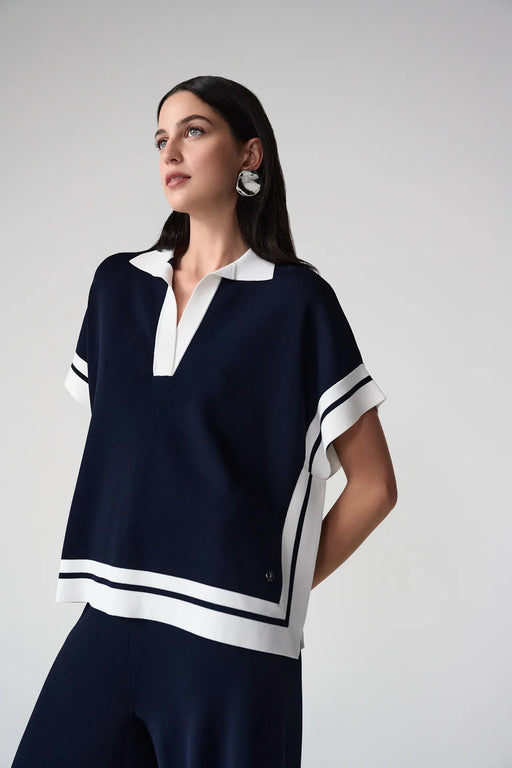 Joseph Ribkoff 261941 Midnight Blue/Vanilla Contrast Trim Collar Sweater Top