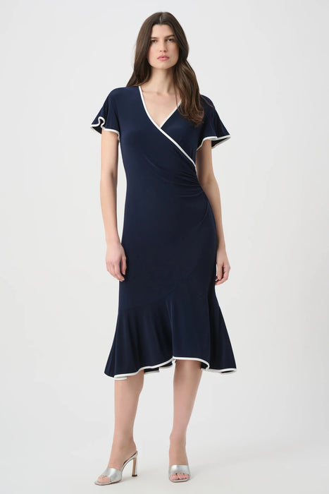 Joseph Ribkoff Contrast Trim Faux Wrap Midi Dress 261013