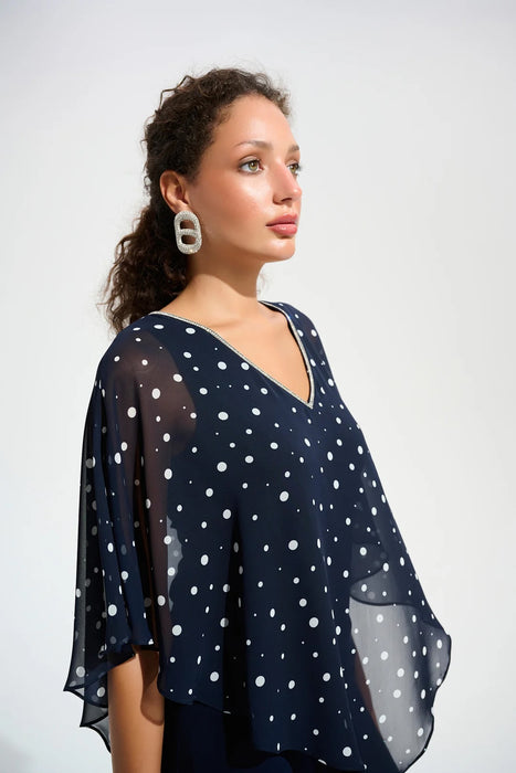 Joseph Ribkoff Midnight Blue/Vanilla Dot Print V-Neck 3/4 Sleeves Top 261766