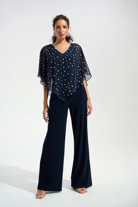 Joseph Ribkoff Midnight Blue/Vanilla Dot Print V-Neck 3/4 Sleeves Top 261766