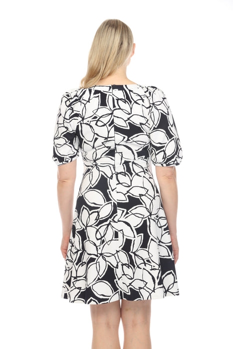 Joseph Ribkoff Midnight Blue/Vanilla Floral Print Puff Sleeve A-Line Dress 241006