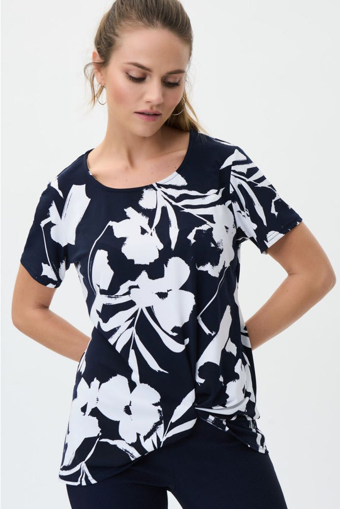 Joseph Ribkoff Style 231262 Midnight Blue/Vanilla Floral Print Twist-Front Short Sleeve Top 