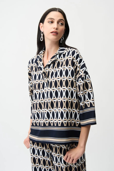 Joseph Ribkoff 261057Midnight Blue/Vanilla Geometric Print V-Neck Collar 3/4 Sleeves Top