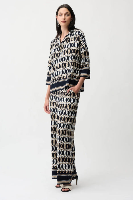 Joseph Ribkoff Midnight Blue/Vanilla Geometric Wide Leg Pants 261058