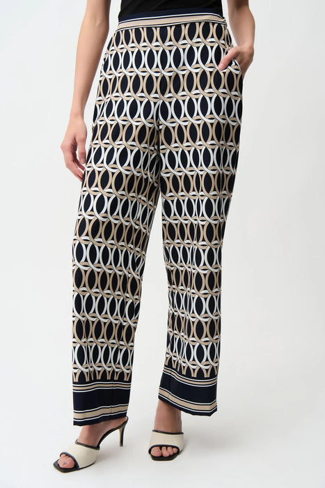 Joseph Ribkoff 261058 Midnight Blue/Vanilla Geometric Print Wide Leg Pull-On Pants
