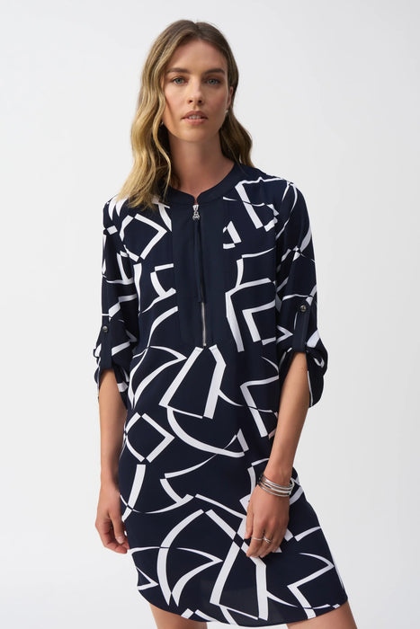 Joseph Ribkoff Midnight Blue/Vanilla Geometric Shift Dress 251143-R AfterRetail Joseph Ribkoff Midnight Blue/Vanilla Geometric Shift Dress 251143-R AfterRetail