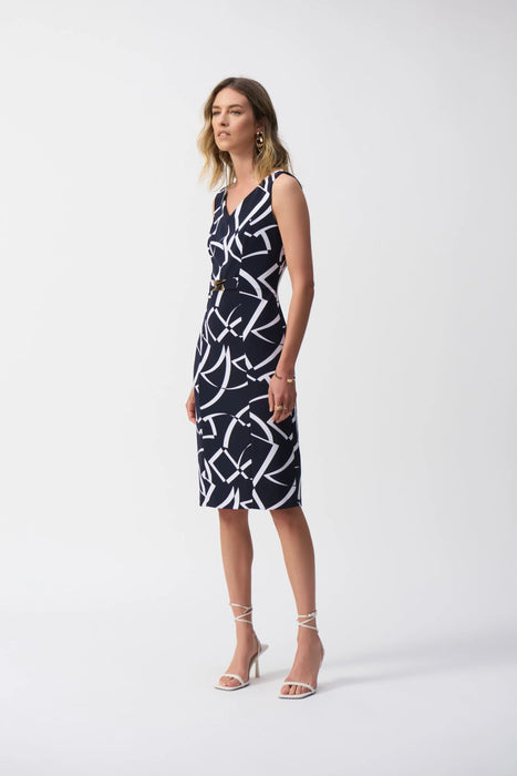 Joseph Ribkoff Style 251108 Midnight Blue/Vanilla Geometric Print Sleeveless V-Neck Sheath Dress