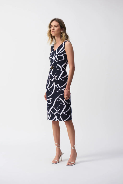 Joseph Ribkoff Style 251108 Midnight Blue/Vanilla Geometric Print Sleeveless V-Neck Sheath Dress