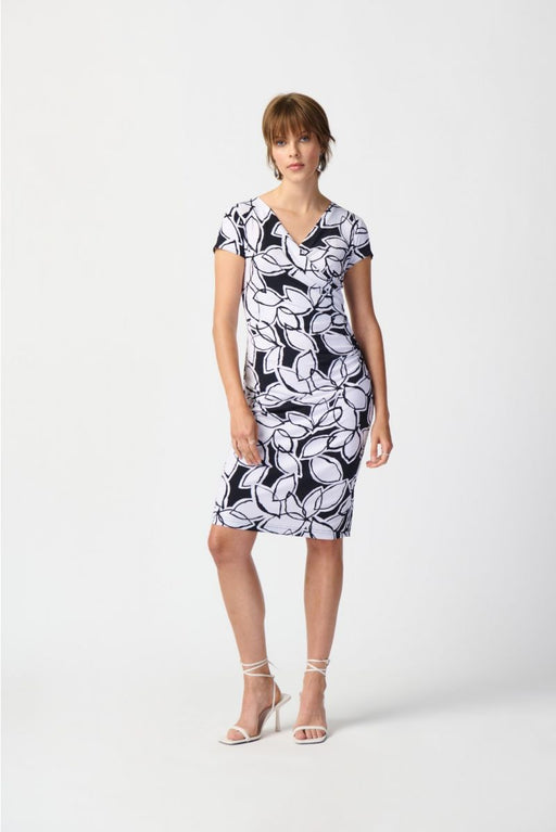 Joseph Ribkoff Style 241286 Midnight Blue/Vanilla Leaf Print Faux Wrap Sheath Dress