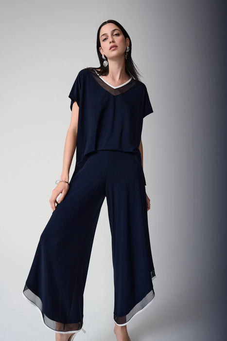 Joseph Ribkoff Midnight Blue/Vanilla Mesh Insert Wide Leg Jumpsuit 261012