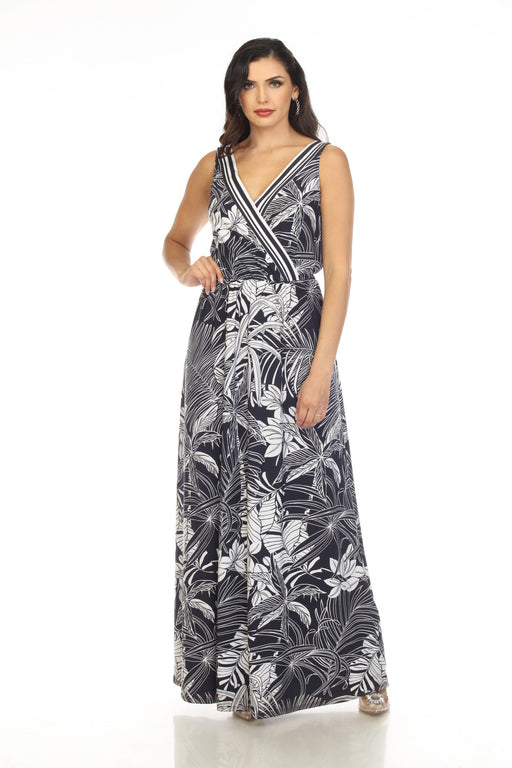 Joseph Ribkoff Style 232274 Midnight Blue/Vanilla Palm Leaves Print V-Neck Sleeveless Maxi Dress