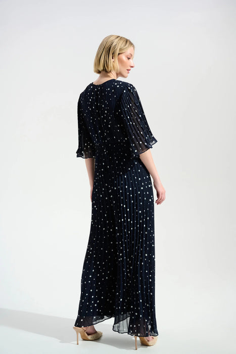 Joseph Ribkoff Midnight Blue Polka Dot Pleated Chiffon Jumpsuit 261756
