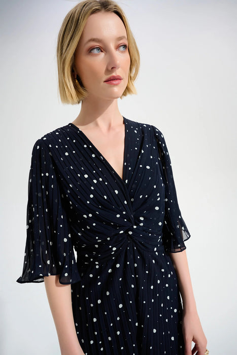 Joseph Ribkoff Midnight Blue Polka Dot Pleated Chiffon Jumpsuit 261756