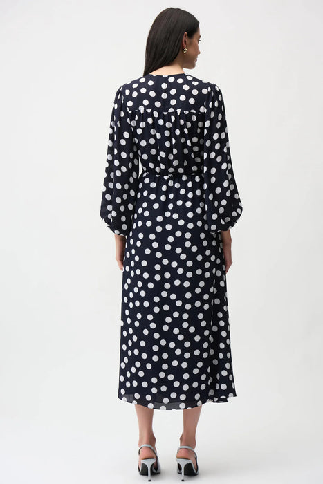 Joseph Ribkoff Midnight Blue/Vanilla Polka Dot Puff Sleeves Wrap Dress 261901