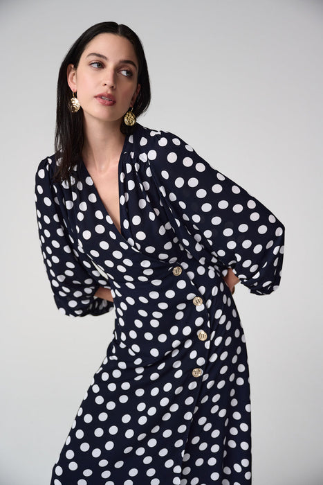 Joseph Ribkoff Midnight Blue/Vanilla Polka Dot Puff Sleeves Wrap Dress 261901