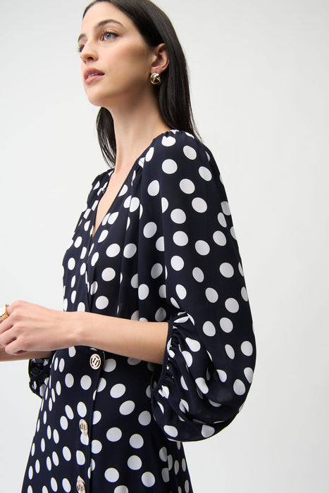 Joseph Ribkoff Midnight Blue/Vanilla Polka Dot Puff Sleeves Wrap Dress 261901