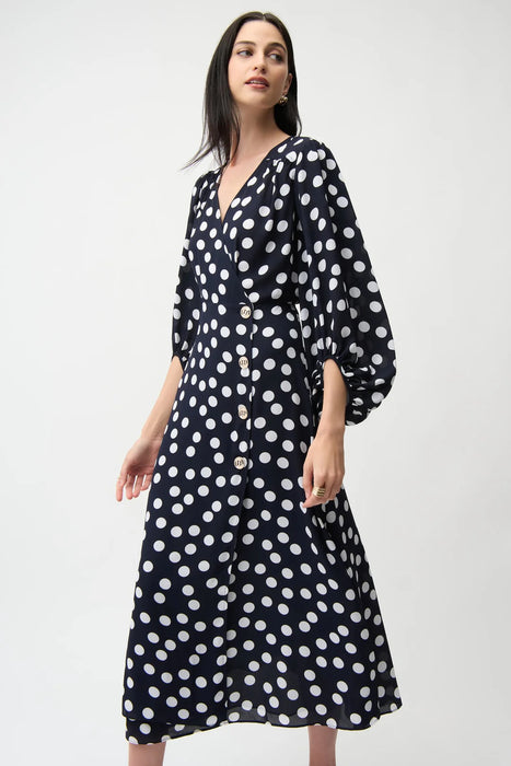Joseph Ribkoff Midnight Blue/Vanilla Polka Dot Puff Sleeves Wrap Dress 261901