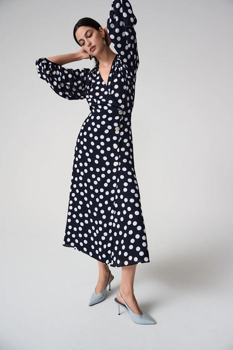 Joseph Ribkoff 261901 Midnight Blue/Vanilla Polka Dot Print  3/4 Puff Sleeves Faux Wrap Dress