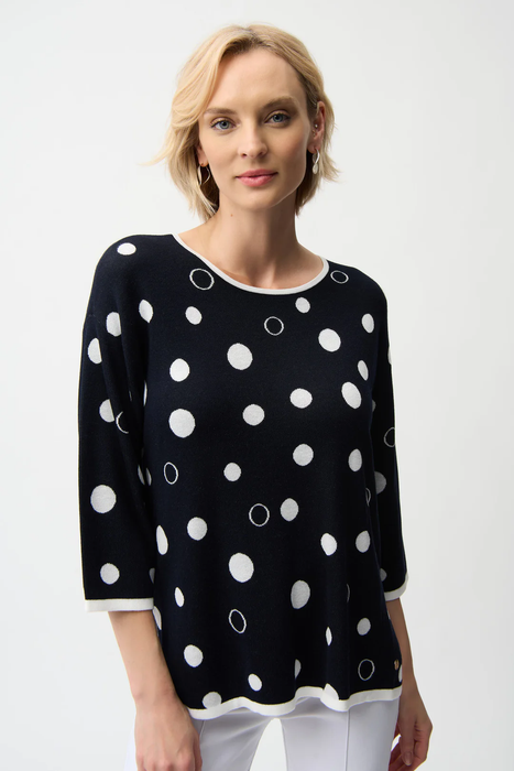 Joseph Ribkoff 261979 Midnight Blue/Vanilla Polka Dot Print Crew Neck 3/4 Sleeves Sweater Top