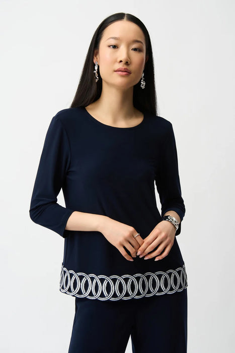 Joseph Ribkoff 261069 Midnight Blue/Vanilla Scoop Neck 3/4 Sleeves Guipure Hem Top