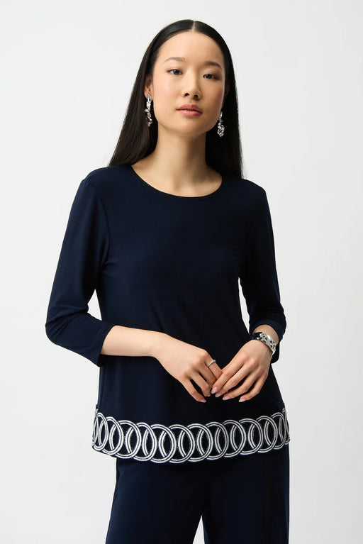 Joseph Ribkoff 261069 Midnight Blue/Vanilla Scoop Neck 3/4 Sleeves Guipure Hem Top