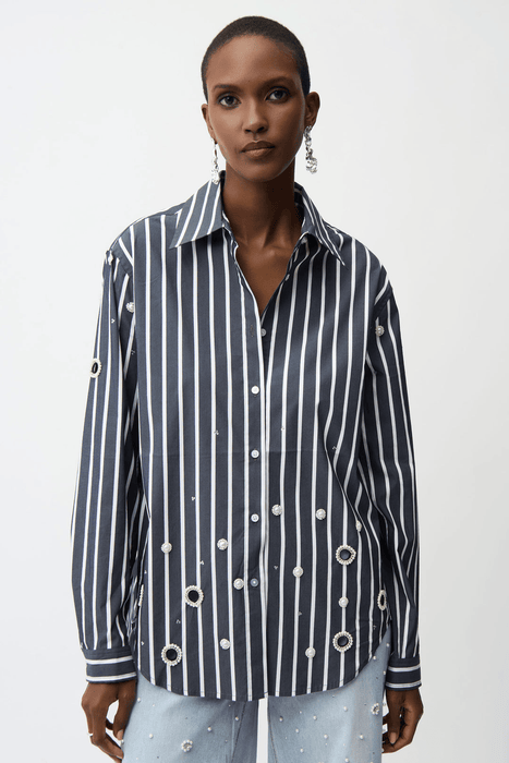 Joseph Ribkoff 261966 Midnight Blue/Vanilla Stripe Print Rhinestoned Blouse Top
