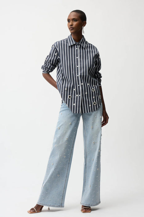 Joseph Ribkoff Stripe Embellished Button-Down Boxy Shirt 261966
