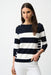 Woman wearing a navy and white striped sweater with boat neck and 3/4 sleeves from Joseph Ribkoff
