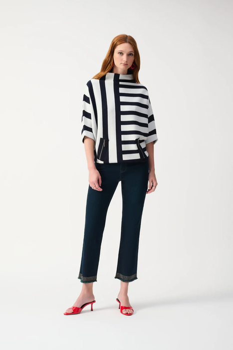 Joseph Ribkoff Midnight Blue/Vanilla Striped Sweater Knit Pullover Top 251933
