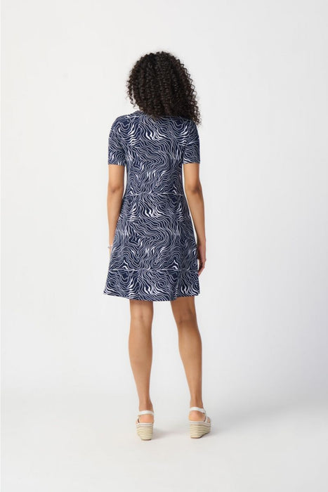 Joseph Ribkoff Midnight Blue/Vanilla Wavy Print V-Neck Short A-Line Dress 241293