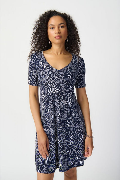 Joseph Ribkoff Midnight Blue/Vanilla Wavy Print V-Neck Short A-Line Dress 241293
