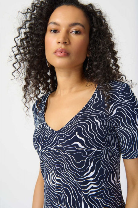 Joseph Ribkoff Midnight Blue/Vanilla Wavy Print V-Neck Short A-Line Dress 241293