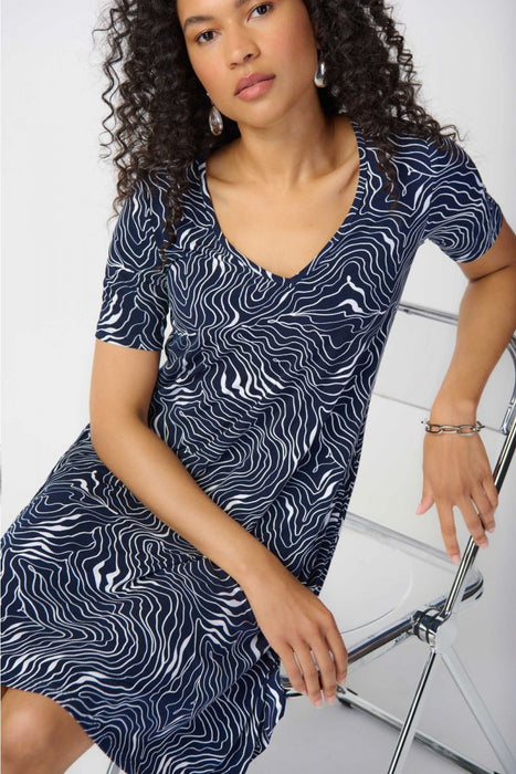 Joseph Ribkoff Midnight Blue/Vanilla Wavy Print V-Neck Short A-Line Dress 241293