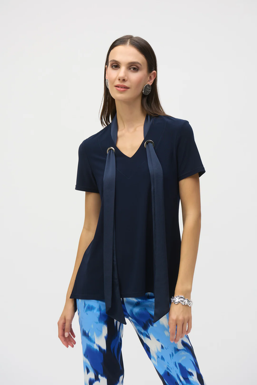 Joseph Ribkoff 252100 Midnight Blue With Satin Scarf Short Sleeve Top
