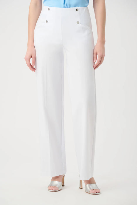 Woman wearing Joseph Ribkoff Millennium wide leg pull-on pants with sailor buttons