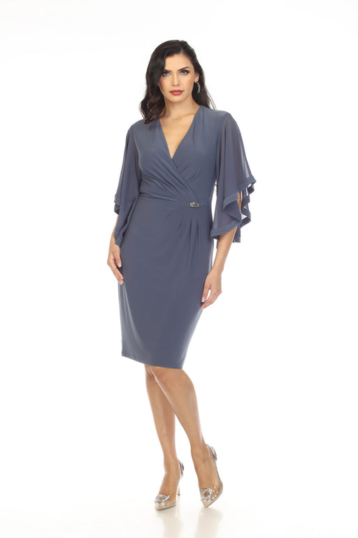 Joseph Ribkoff Style 231771 Mineral Blue Ruched V-Neck 3/4 Flutter Sleeves Faux Wrap Dress