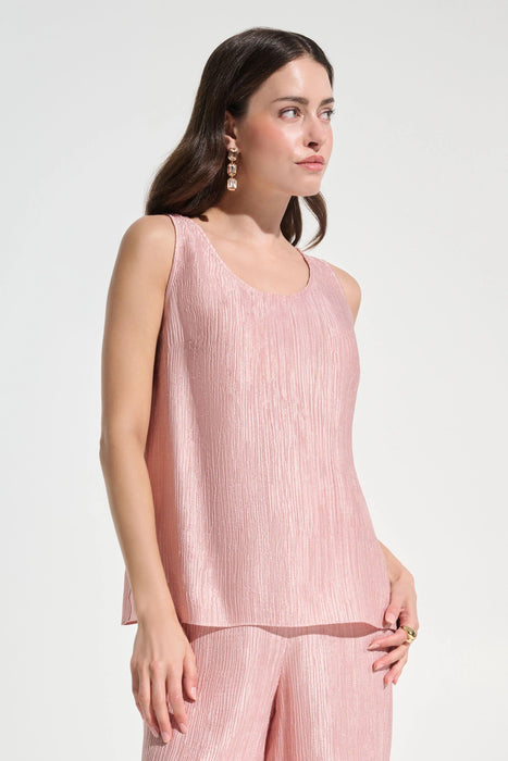 Woman wearing a pink pleated sleeveless top with scoop neck from Joseph Ribkoff