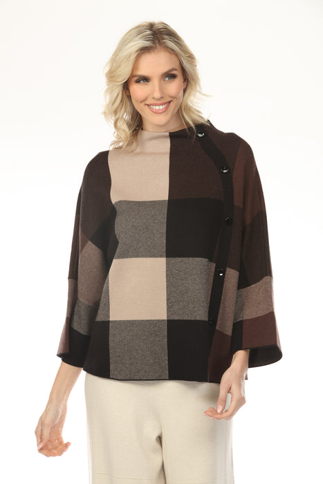 Woman wearing a checkered boxy sweater top with mock neck and 3/4 sleeves from Joseph Ribkoff