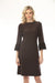 Woman wearing a brown cowl neck A-line dress with fringe cuff 3/4 sleeves from Joseph Ribkoff