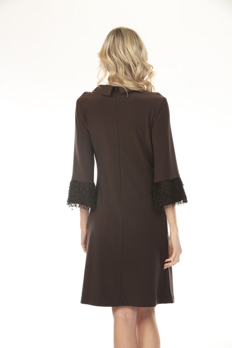 Joseph Ribkoff Cowl Neck Fringe Cuff A-Line Dress 253054