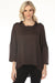 Woman wearing a brown cowl-neck satin top with 3/4 sleeves from Joseph Ribkoff