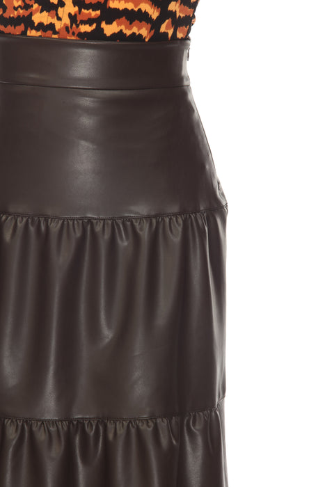 Joseph Ribkoff Mocha Faux Leather Tiered Midi Skirt 233287