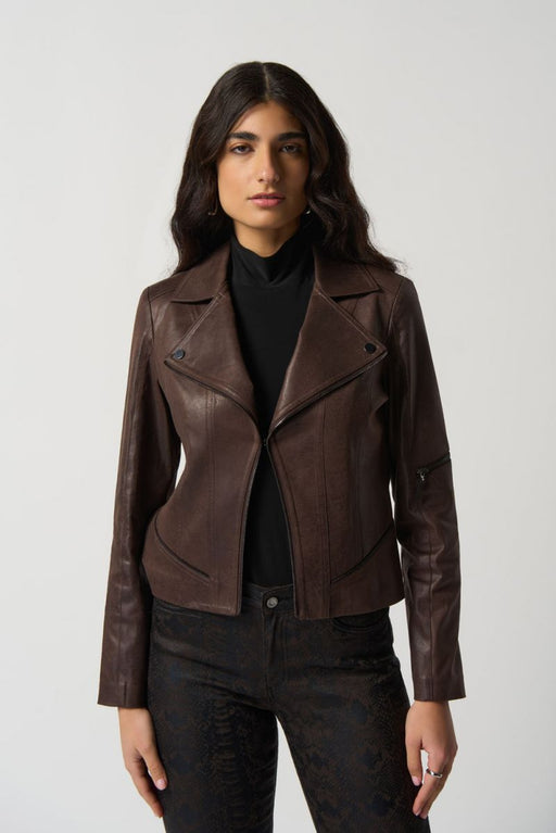 Joseph Ribkoff Style 233969 Mocha Faux Leather Long Sleeve Moto Jacket