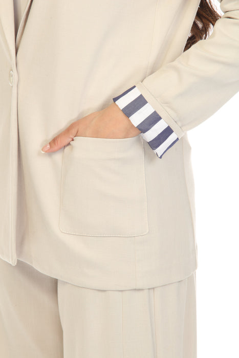 Joseph Ribkoff Moonstone Beige Striped Roll-Cuff 1-Button Blazer Jacket 232173 NEW